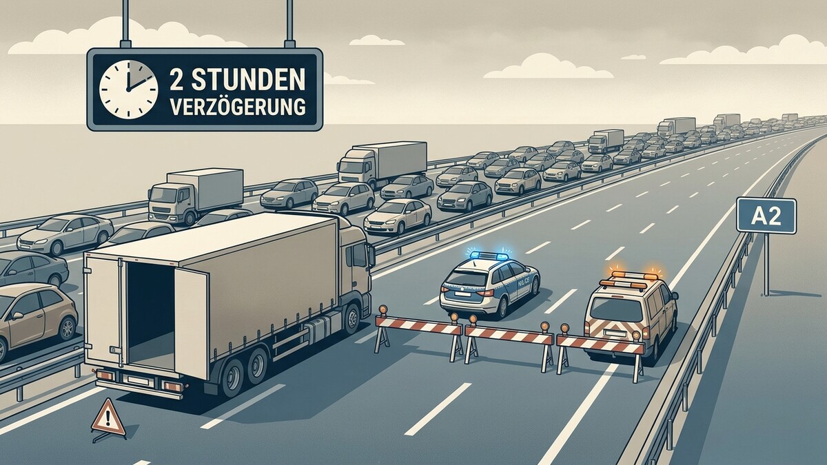 Stau auf der A2 mit zwei Stunden Verzögerung, Polizei sperrt die Fahrbahn.