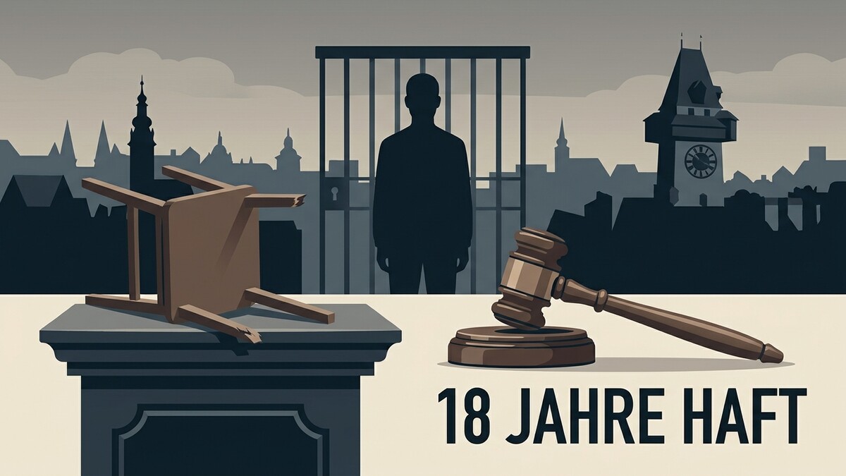 18 Jahre Haft: Richterhammer, zerbrochener Stuhl und Gefängnis vor Grazer Rathaus