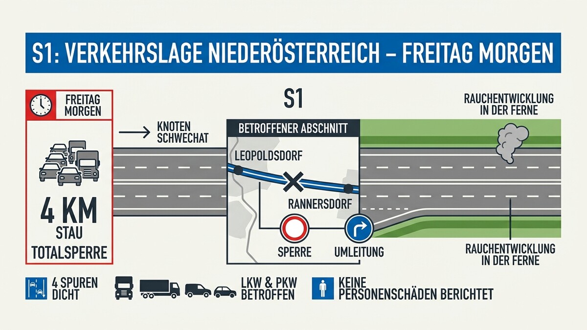 S1 Verkehrslage Niederösterreich: 4 km Stau und Totalsperre bei Leopoldsdorf und Rannersdorf, Rauchentwicklung in der Ferne