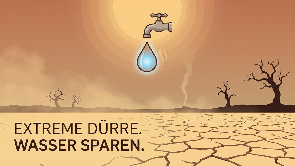Dürre: Tropfen Wasser fällt aus tropfendem Wasserhahn über ausgetrocknetem Boden mit kahlen Bäumen.
