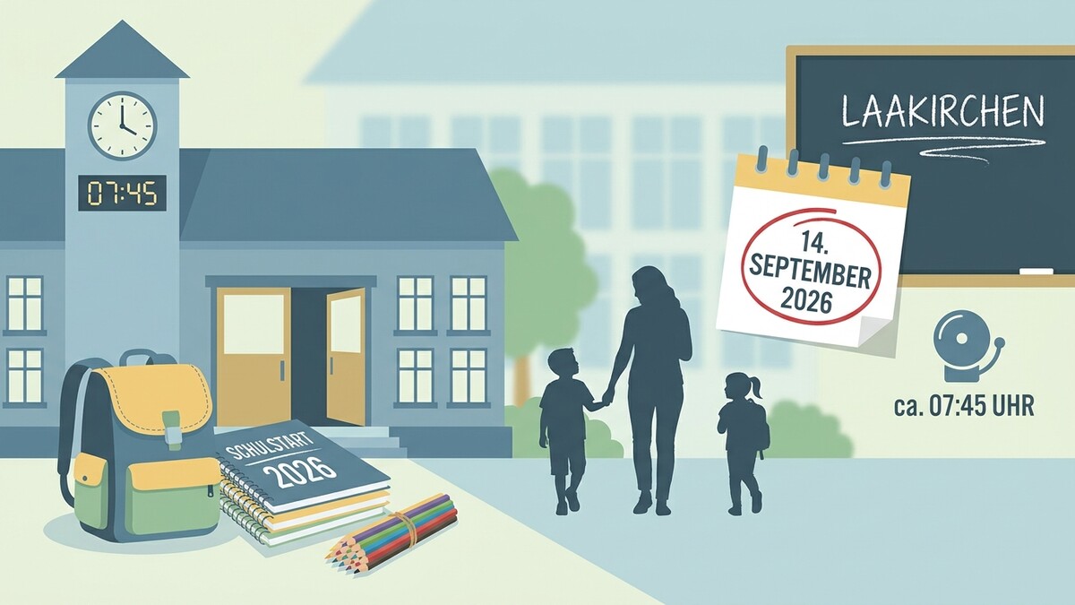 Schulstart Laakirchen 14. September 2026, 07:45 Uhr mit Mutter und Kindern vor Schulgebäude