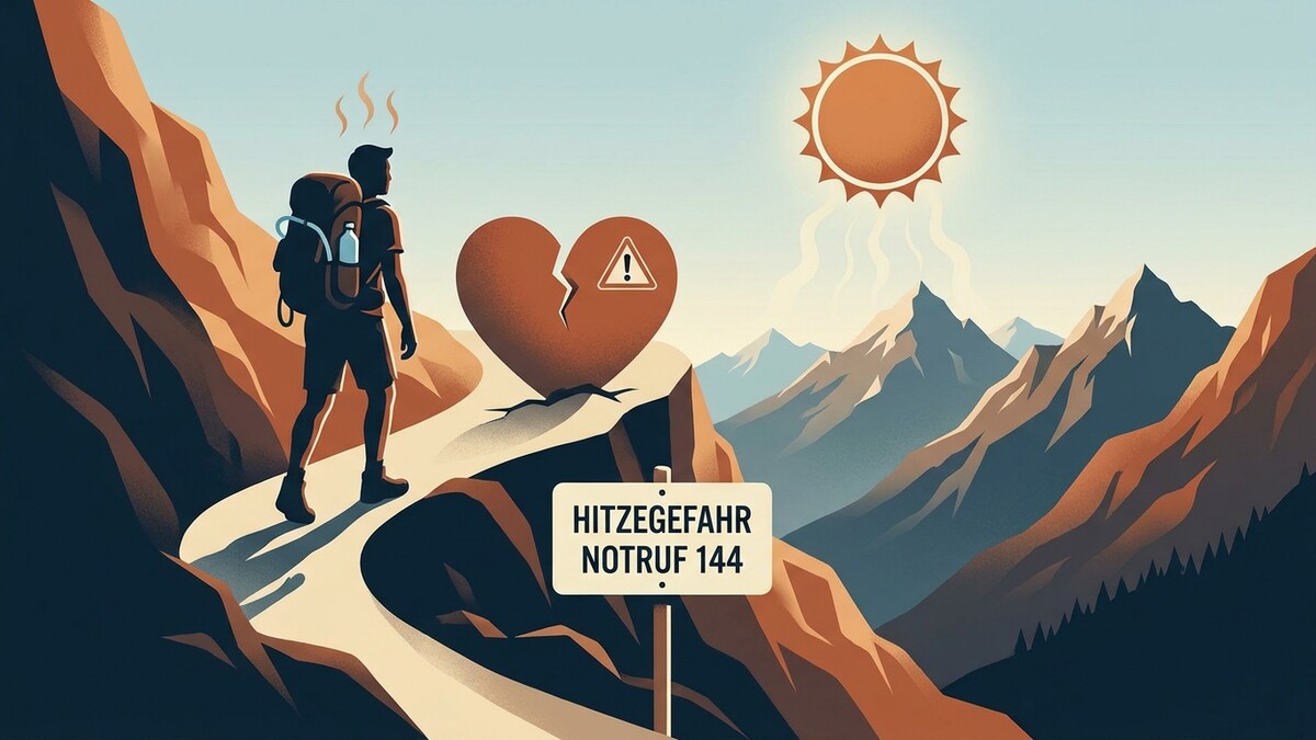 Bergwanderer mit Rucksack steht vor zerbrochenem Herz, Hitzewarnschild mit Notruf 144