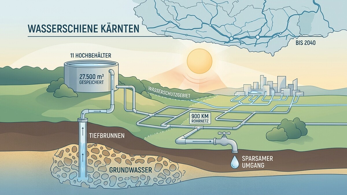 Wasserschiene Kärnten: Grundwasserentnahme, 11 Hochbehälter, 900 km Rohrnetz und Stadtversorgung