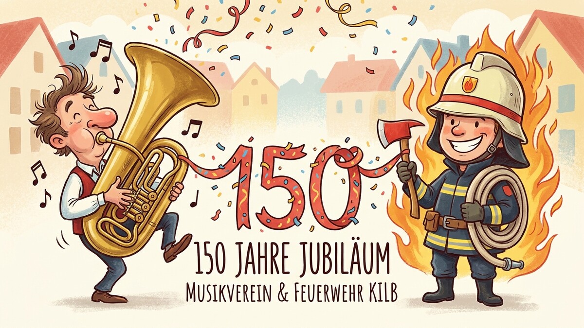 150 Jahre Jubiläum Musikverein & Feuerwehr Kilb: Musiker mit Tuba und Feuerwehrmann mit Axt vor Flammen