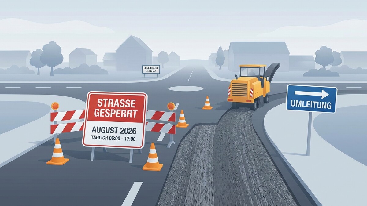 Straßensperre in Eggersdorf bei Graz mit Umleitung und Baumaschine