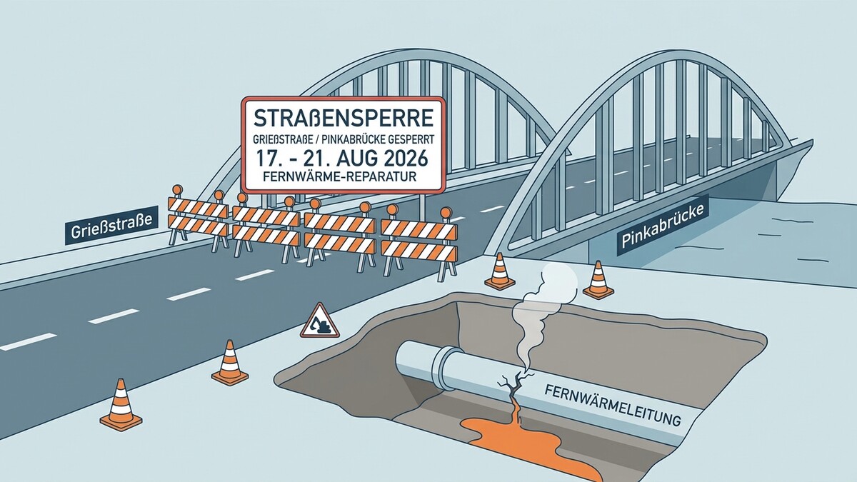 Straßensperre Grießstraße/Pinkabrücker Fernwärmereparatur mit Baustellenabsperrung und beschädigter Leitung