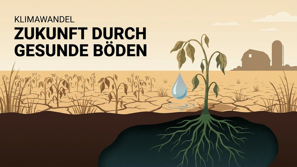 Klimawandel: Zukunft durch gesunde Böden mit vertrockneten Pflanzen und einer Farm