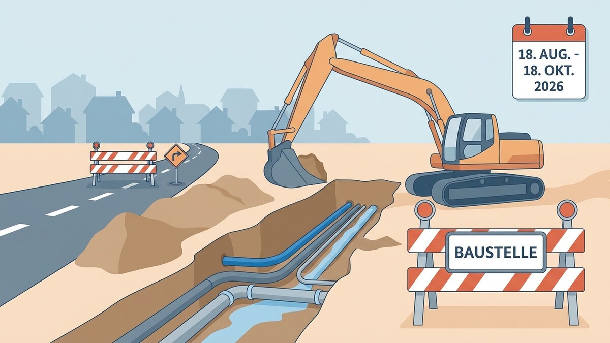 Baustelle mit Bagger und Rohren im Graben, Kalenderblatt zeigt 18. Aug. - 18. Okt. 2026