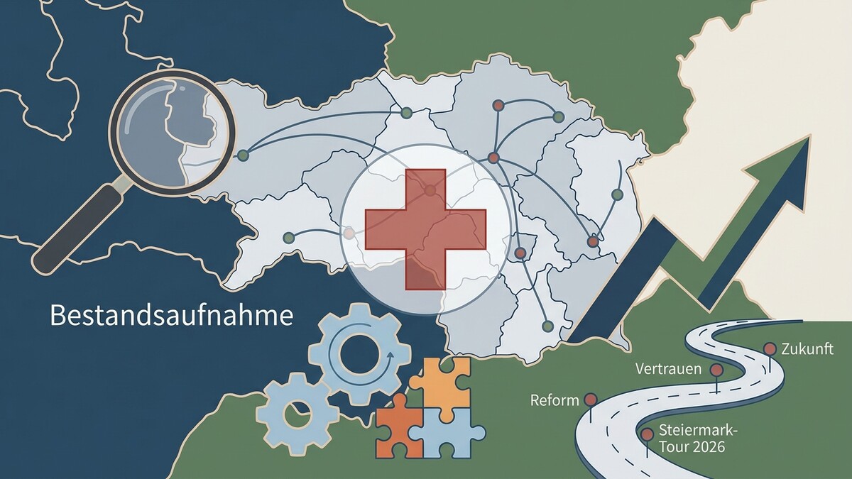 Österreichkarte mit roten Kreuz, Lupe, Zahnrädern und einer Straße mit Pfeil