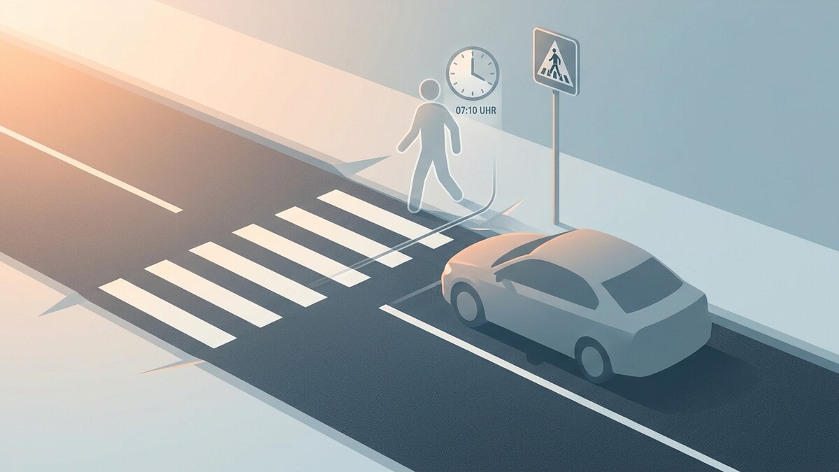 Zebrastreifen mit Fußgänger, Uhrzeit 07:10, Schild und Auto