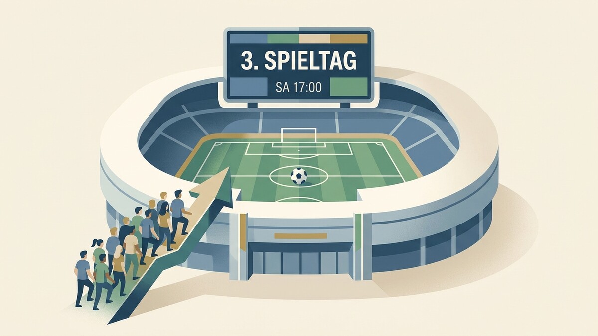 Fußballstadion mit Spieltag-Anzeige und Menschen auf Pfeil nach oben
