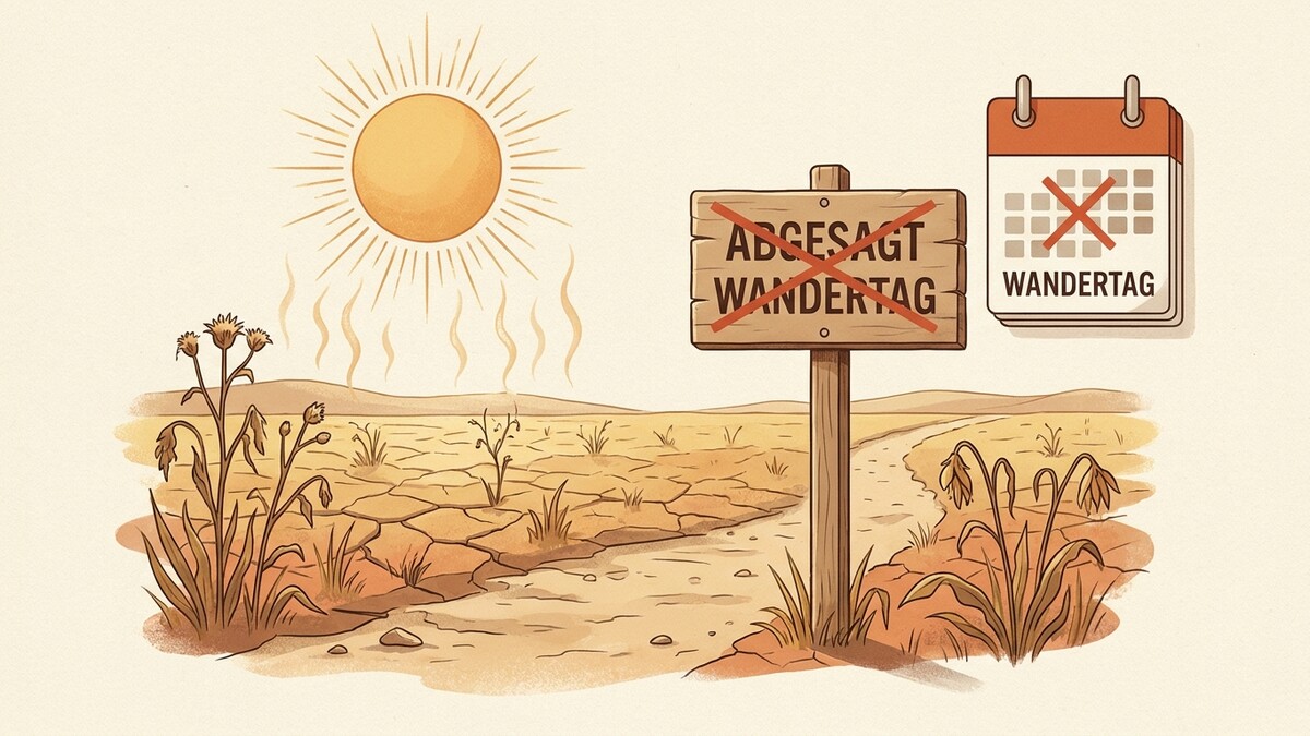 Wandertag abgesagt wegen Hitze, ausgetrocknete Landschaft mit Sonne und Kalender