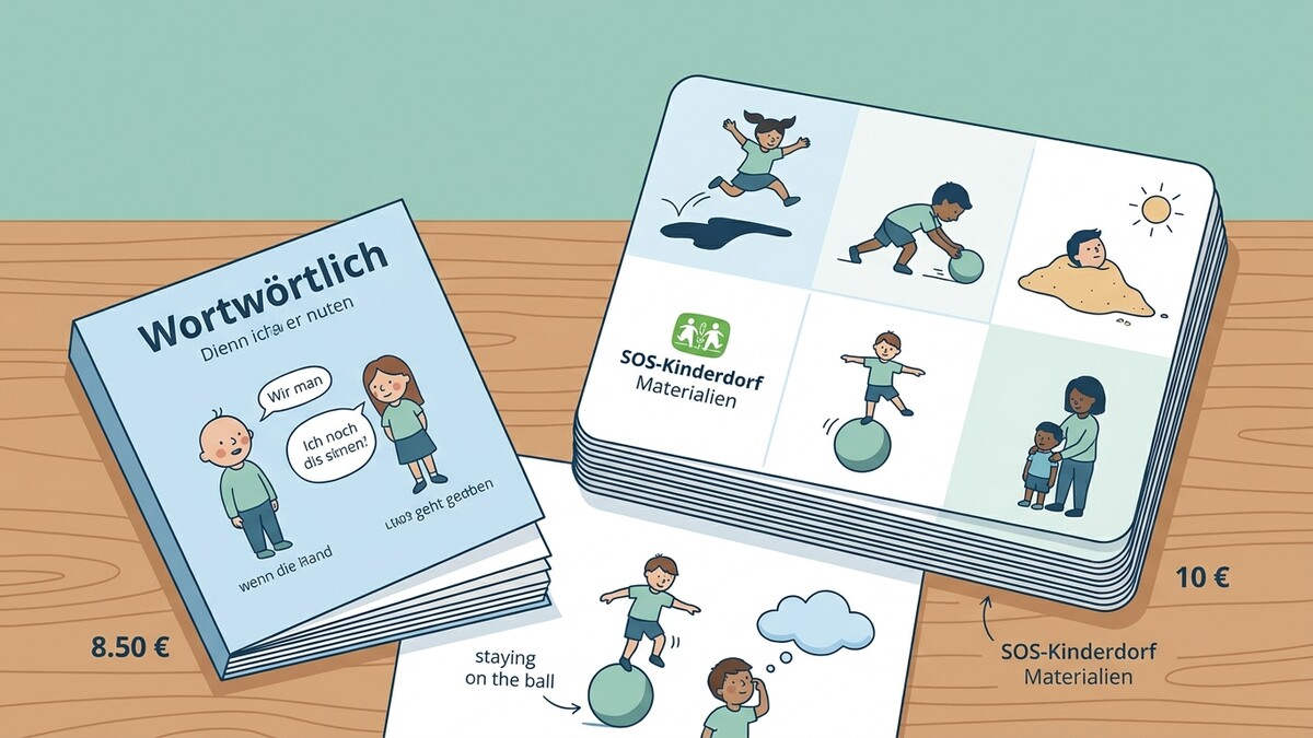 SOS-Kinderdorf Materialien: Buch "Wortwörtlich" und Bildkarten mit Kindern bei verschiedenen Aktivitäten.