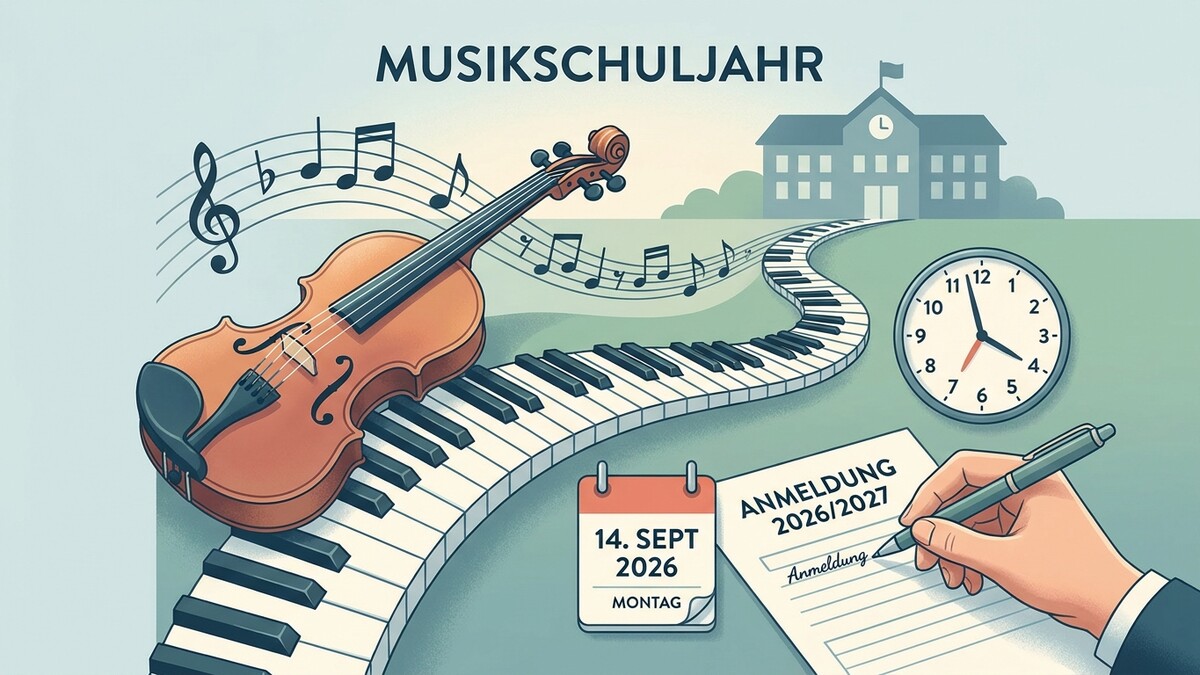 Musikschuljahr: Geige auf Klaviertastatur vor Schule mit Anmeldeformular