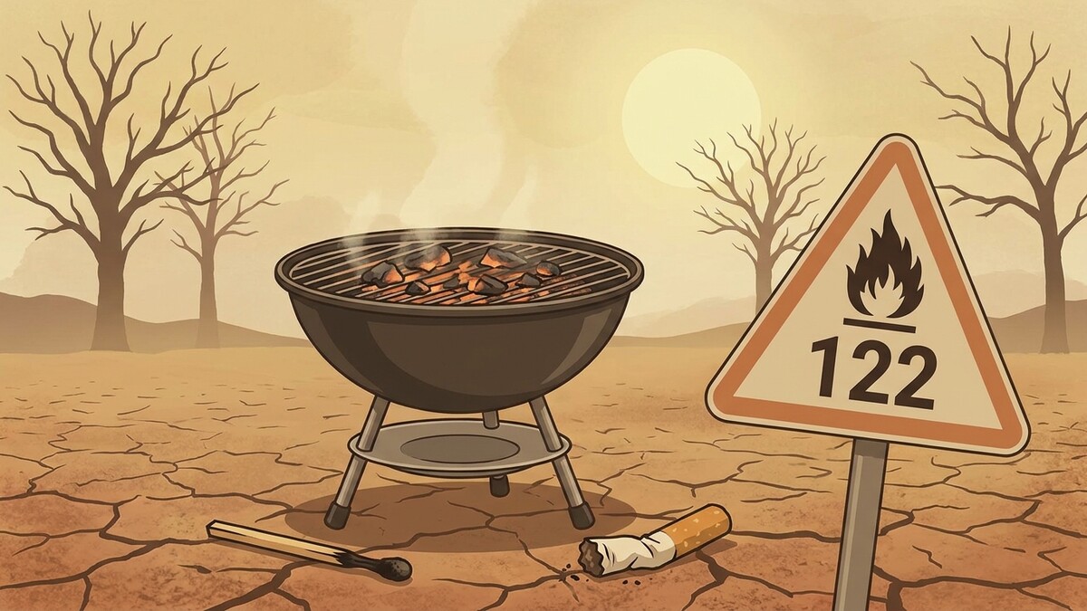 Grill und Warnschild mit Flamme und 122 in trockener Landschaft