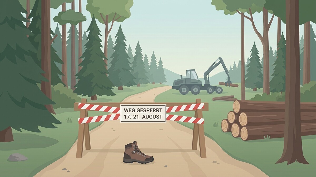 Weg gesperrt im Wald mit Bagger und Holzstapel