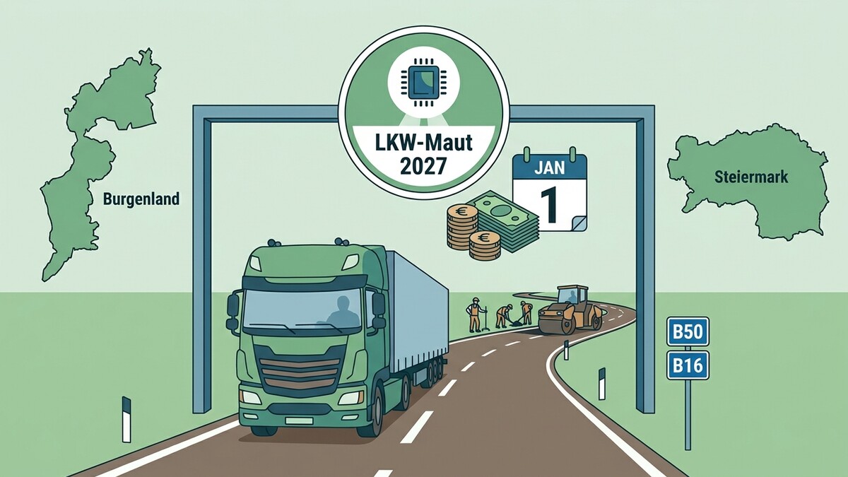 LKW-Maut 2027 in Burgenland und Steiermark mit LKW, Baustelle und Kalender