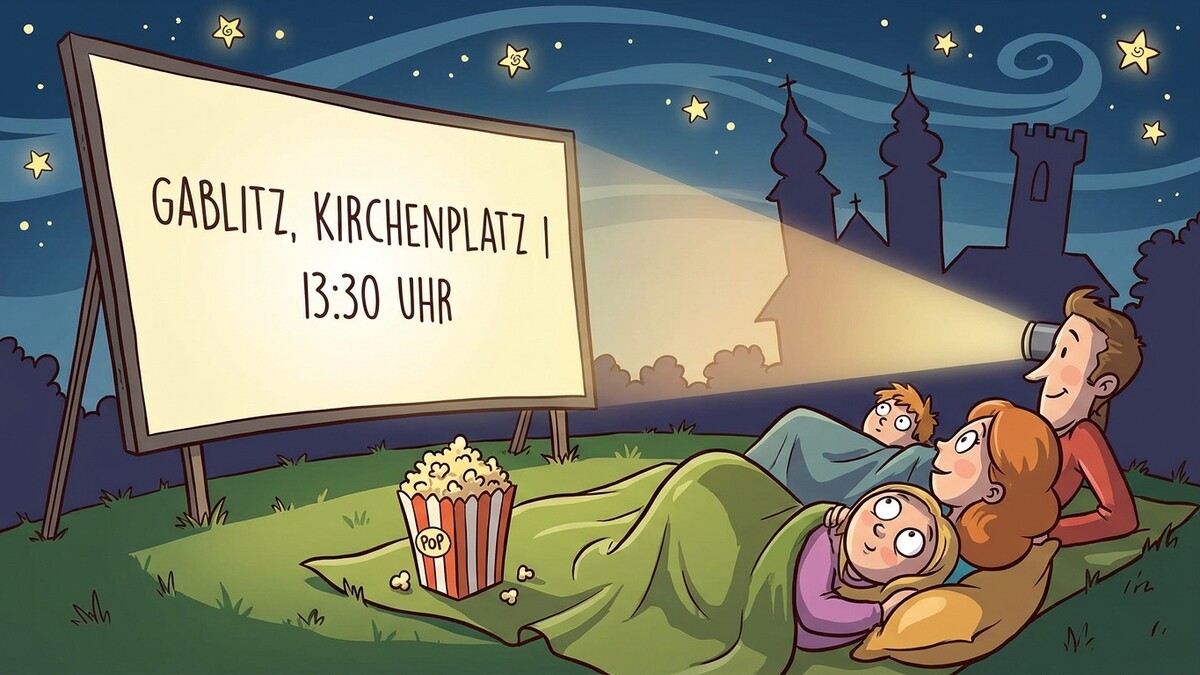 Open-Air-Kino Gablitz, Kirchenplatz: Familie schaut Film unter Sternenhimmel
