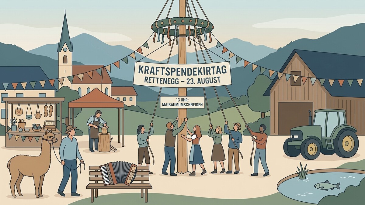 Maibaumaufstellen beim Kraftspendekirchtag in Rettenegg am 23. August mit Traktor und Alpakas