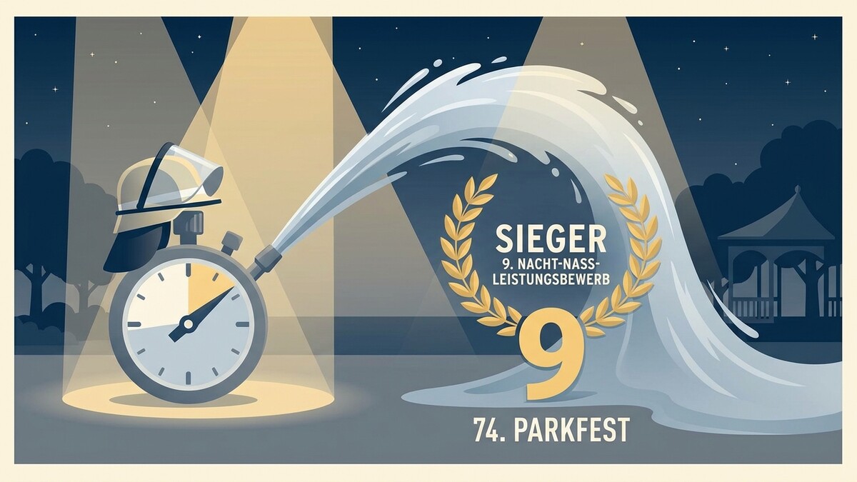 9. Nacht-Nass-Leistungsbewerb Sieger mit Stoppuhr und Feuerwehrhelm, 74. Parkfest