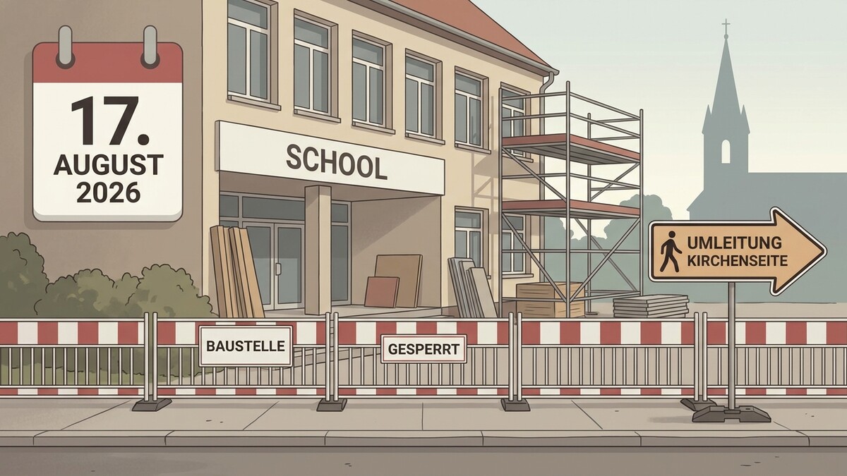 Schule im Umbau am 17. August 2026 mit Gerüst und Umleitungsschild zur Kirchenseite