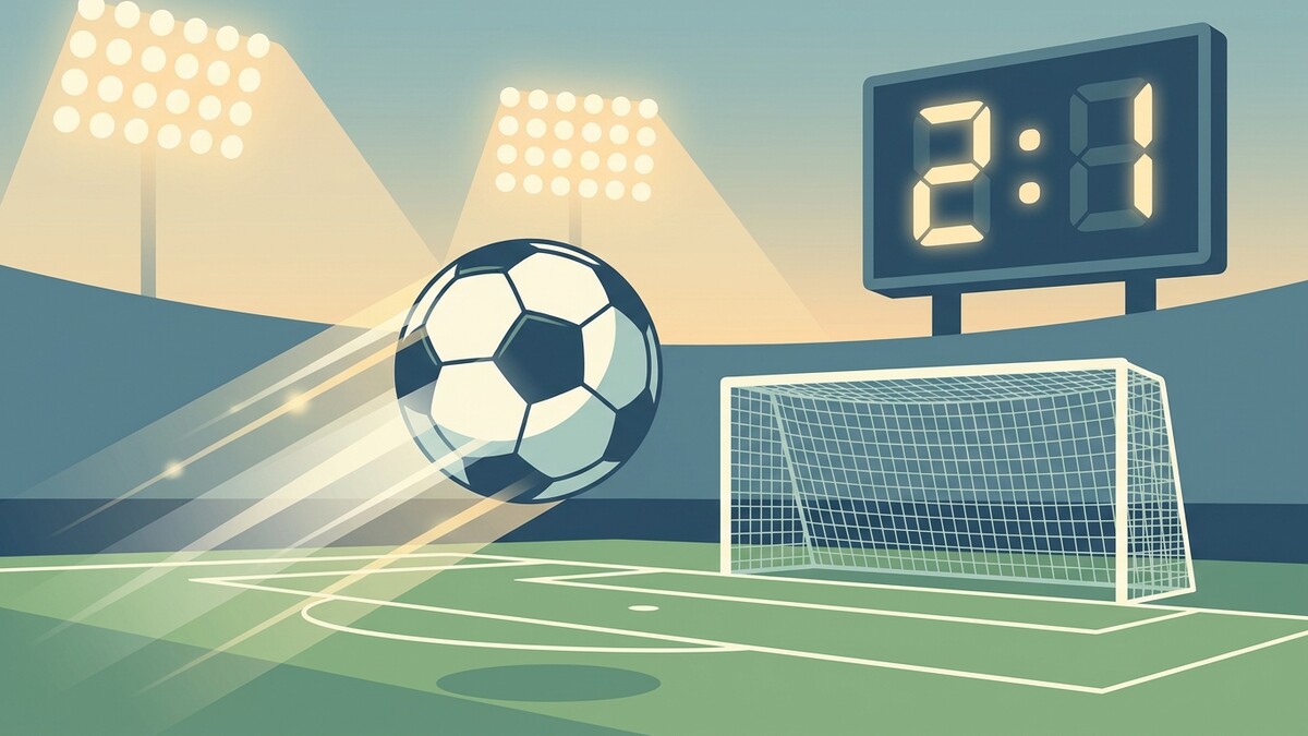 Fußball fliegt auf ein Tor zu, Anzeigetafel zeigt 2:1
