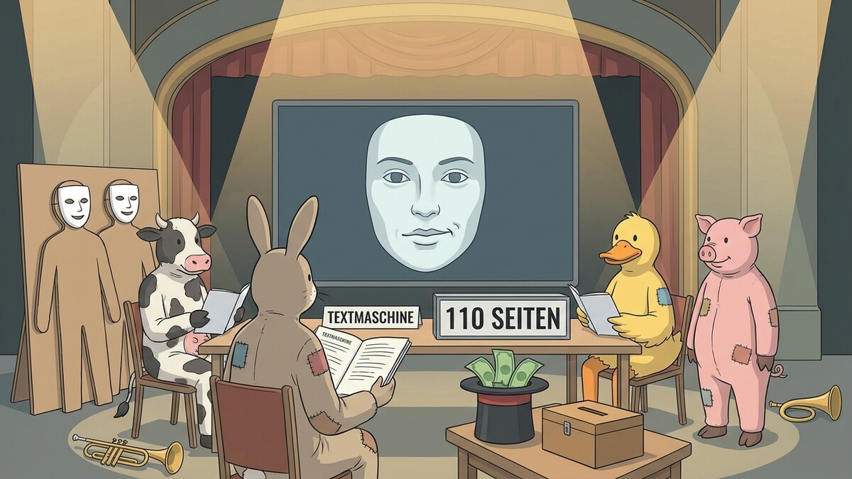 Tiere und Maskenfiguren auf Bühne vor Leinwand mit Gesicht, Textmaschine, 110 Seiten.