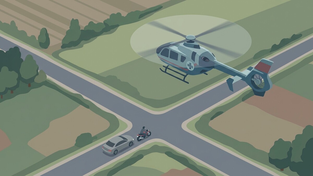 Christophorus-Hubschrauber überfliegt Kreuzung mit Auto und Motorrad