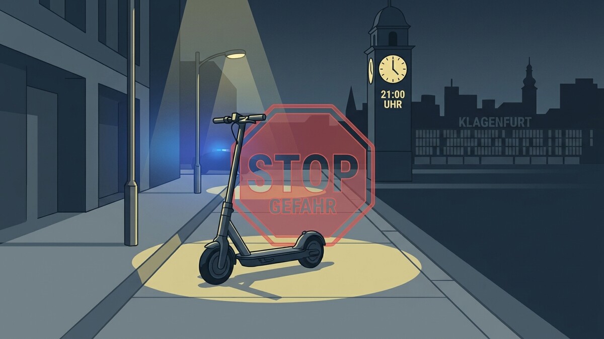 E-Scooter mit rotem Stoppschild und Aufschrift "Gefahr" in Klagenfurt am Abend