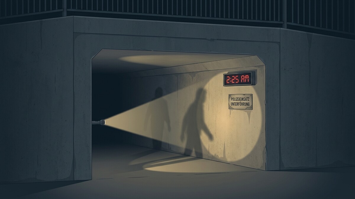 Polizeieinsatz Unterführung: Digitale Uhr zeigt 2:25 Uhr, Schatten huschen durch Betonröhre.