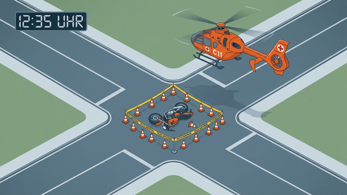Motorradunfall mit Rettungshubschrauber C11 und Zeitangabe 12:35 Uhr.
