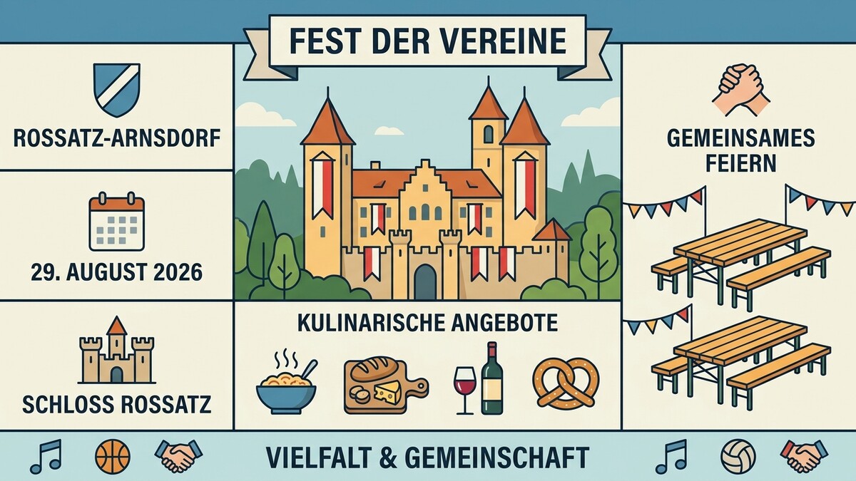 Fest der Vereine Rossatz-Arnsdorf am 29. August 2026 bei Schloss Rossatz mit kulinarischen Angeboten.