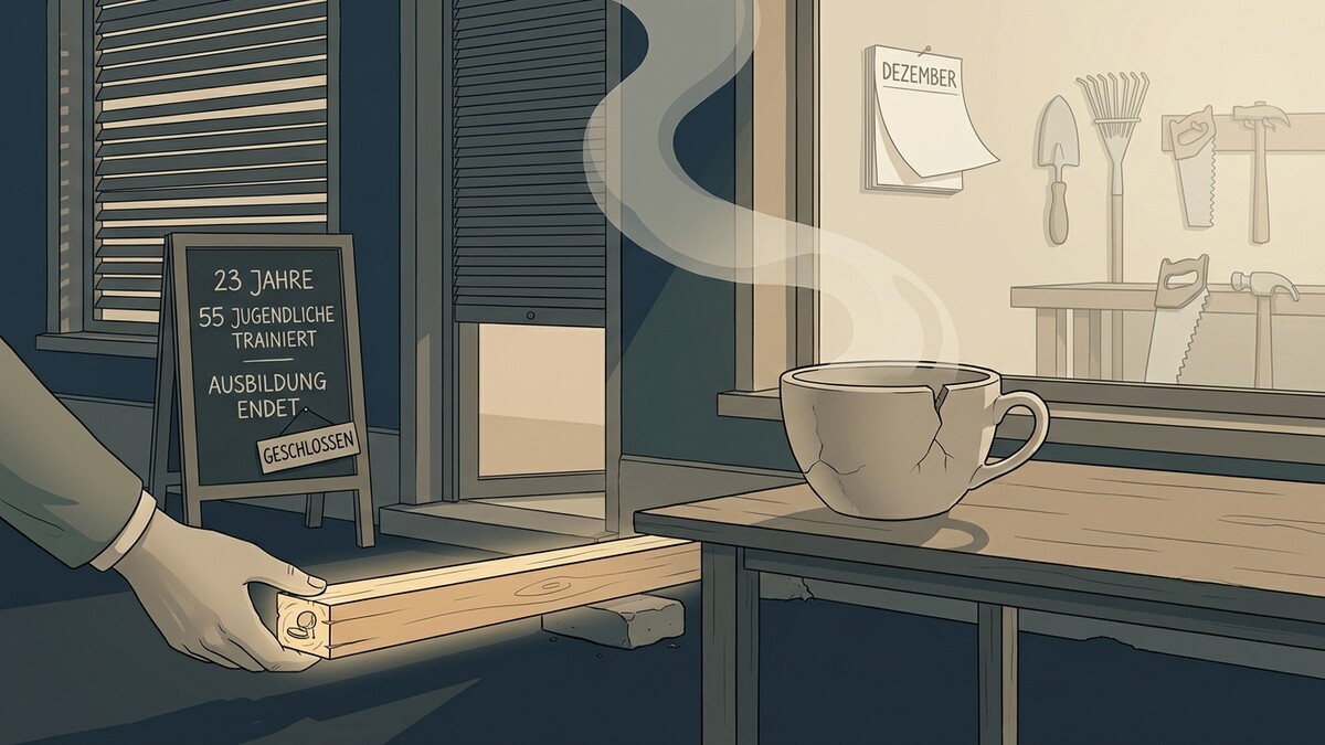 Leere Werkstatt mit Kalenderblatt Dezember, Werkzeug und kaputter Tasse, Tafel mit "Ausbildung endet. Geschlossen."