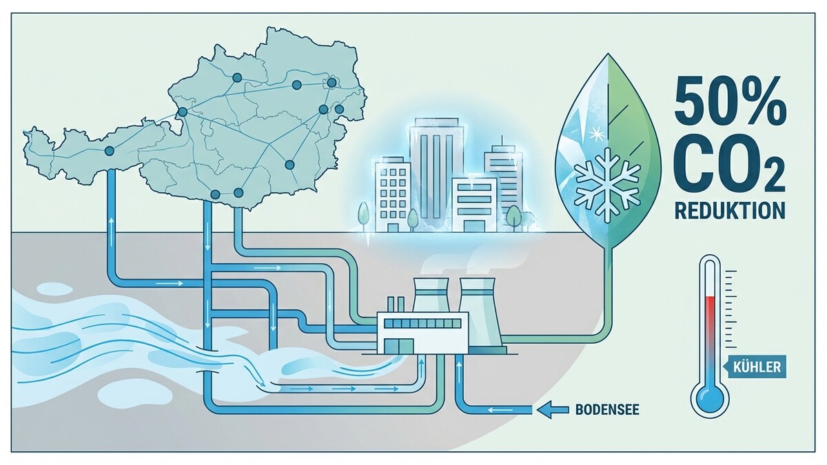 CO2-Reduktion durch Kühlung: Schema zeigt Österreich, Kraftwerk, Bodensee und Gebäude