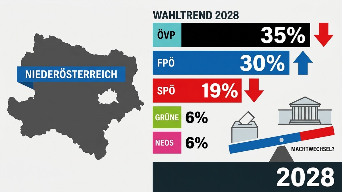 Wahltrend Niederösterreich 2028: ÖVP 35%, FPÖ 30%, SPÖ 19%, Grüne 6%, NEOS 6%