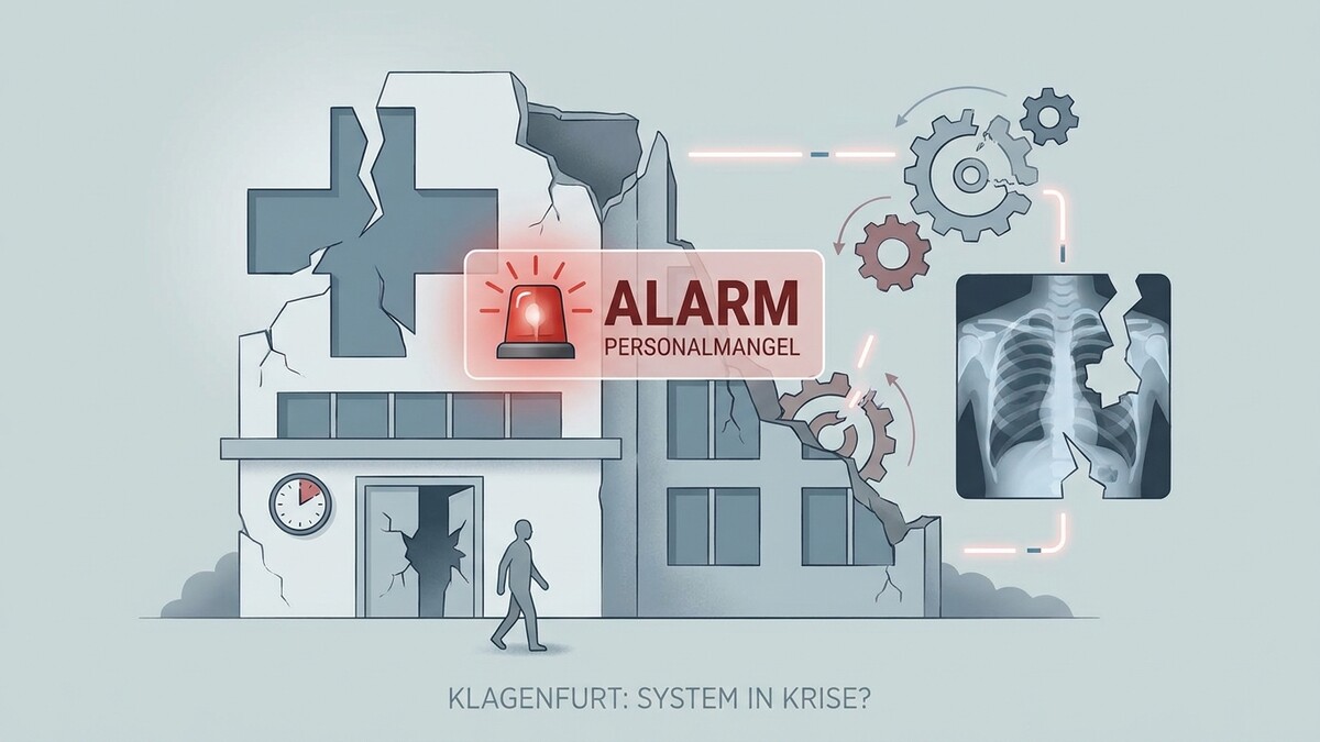 Klagenfurt: Ein beschädigtes Krankenhaus mit Alarm und Röntgenbild des Brustkorbs