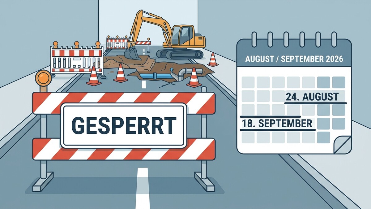Baustelle mit Absperrung, Bagger und Kalender mit Daten im August und September 2026