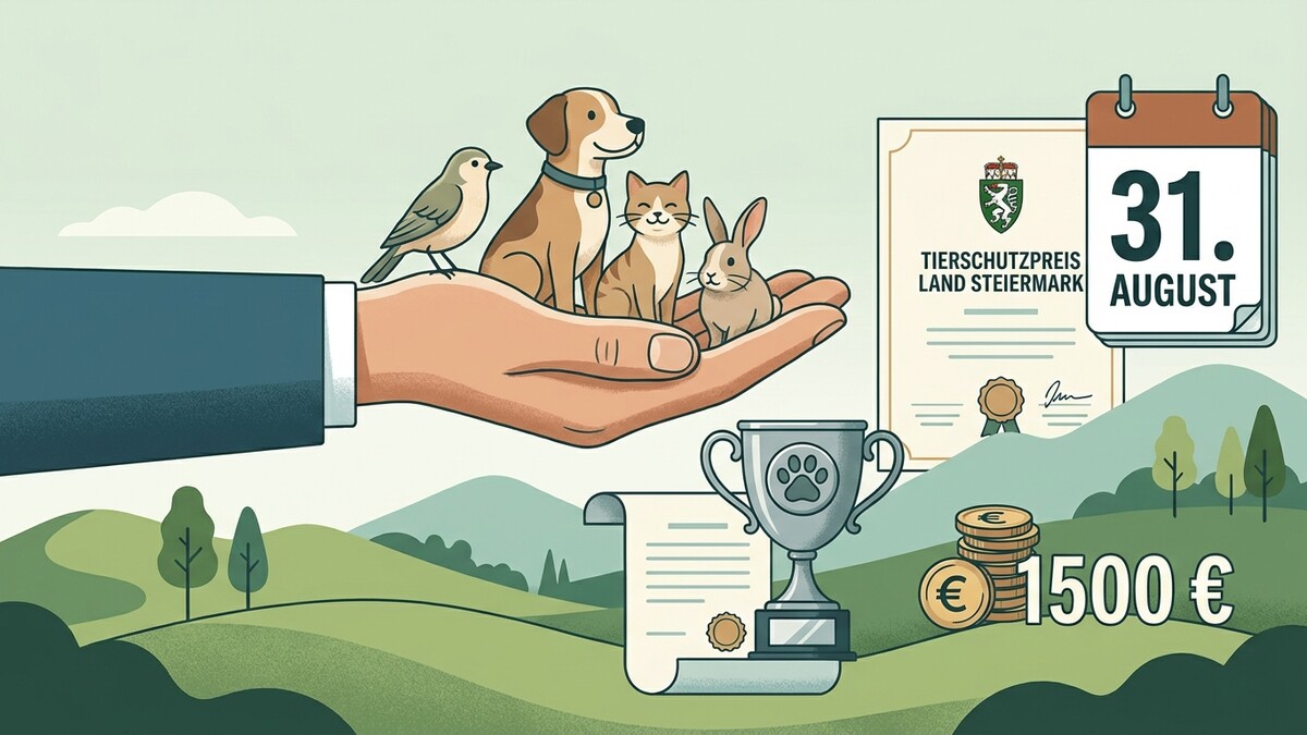 Tierschutzpreis Land Steiermark: Hand mit Tieren, Urkunde, Kalender 31. August, Pokal, 1500 €