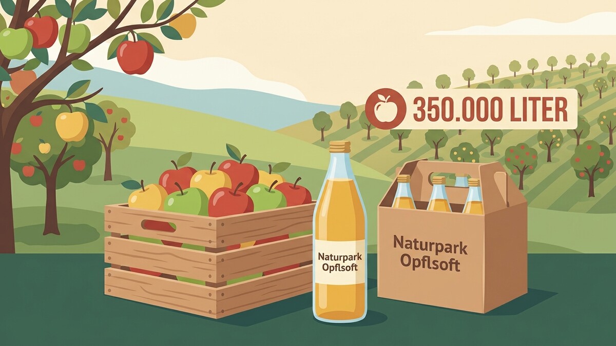 Naturpark Obstsaft 350.000 Liter mit Äpfeln im Korb und Flaschen