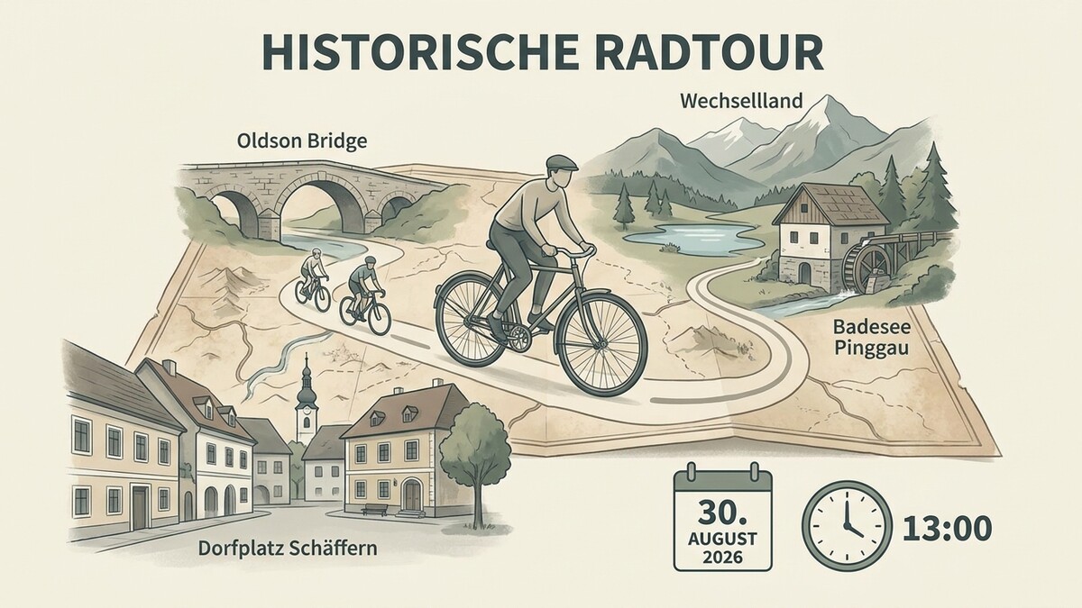 Historische Radtour im Wechselldland mit Radfahrern bei der Oldson Bridge und Dorfplatz Schäffern.