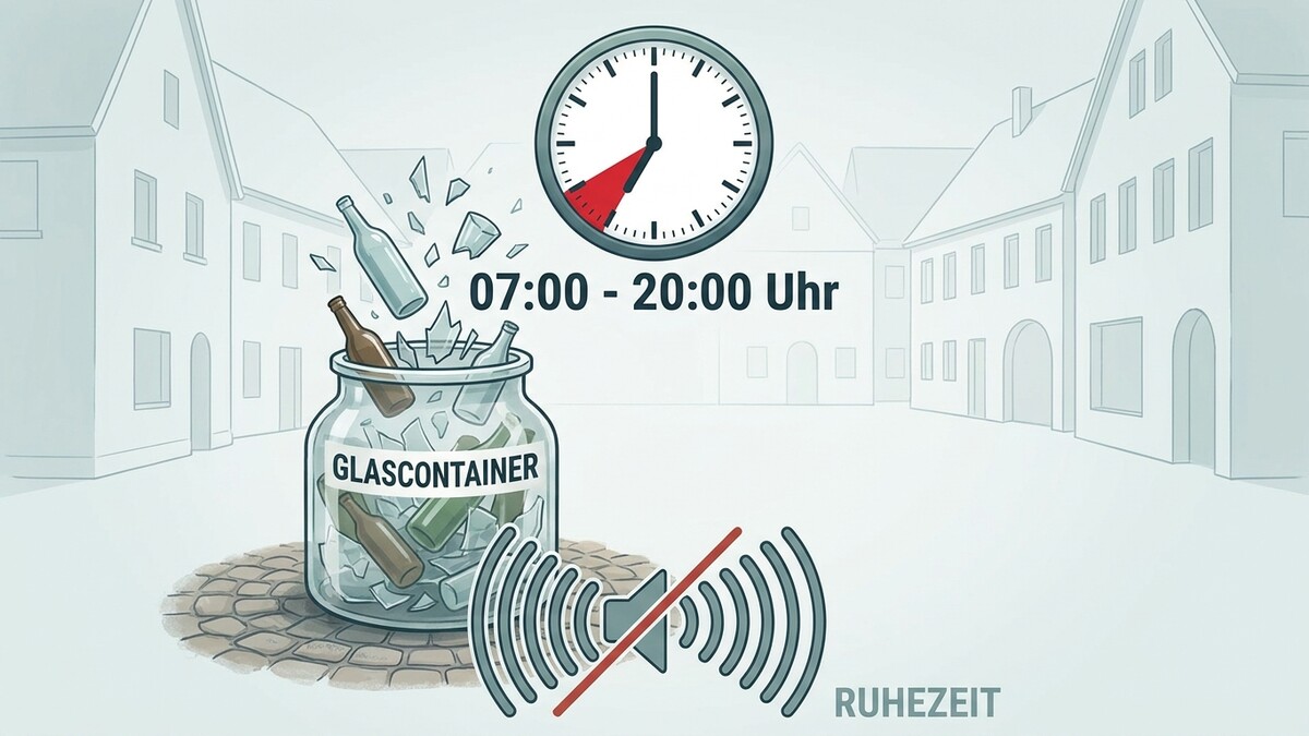 Glascontainer mit zerbrochenem Glas und Flaschen, Uhrzeit 07:00-20:00 Uhr, Ruhezeit-Symbol