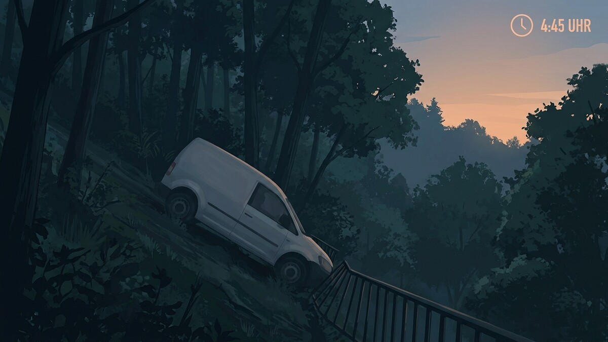 Weißer Lieferwagen am Waldrand bei Sonnenaufgang