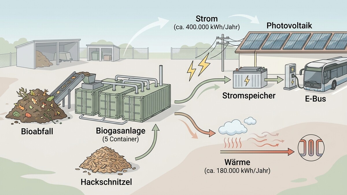 Biogasanlage mit Bioabfall und Hackschnitzel erzeugt Strom und Wärme für Photovoltaik, Stromspeicher und E-Bus