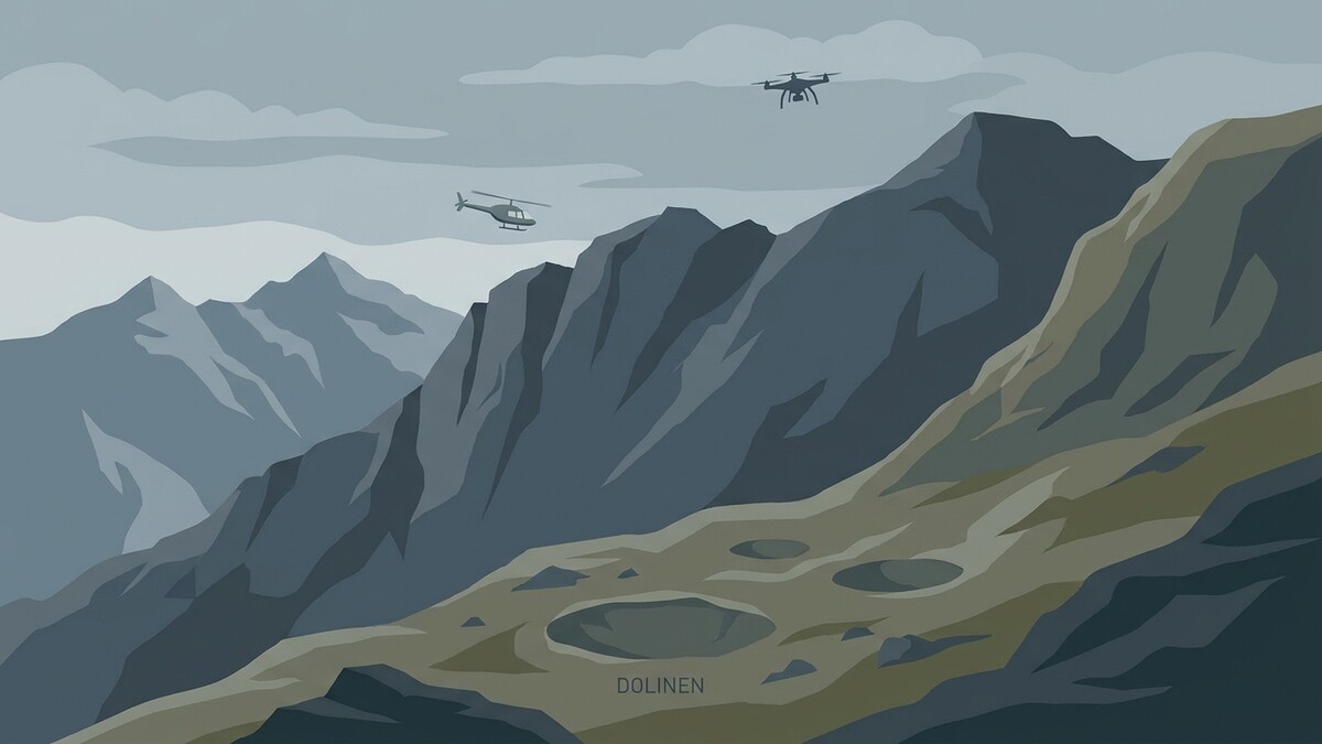 Berglandschaft mit Helikopter und Drohne über Dolinen