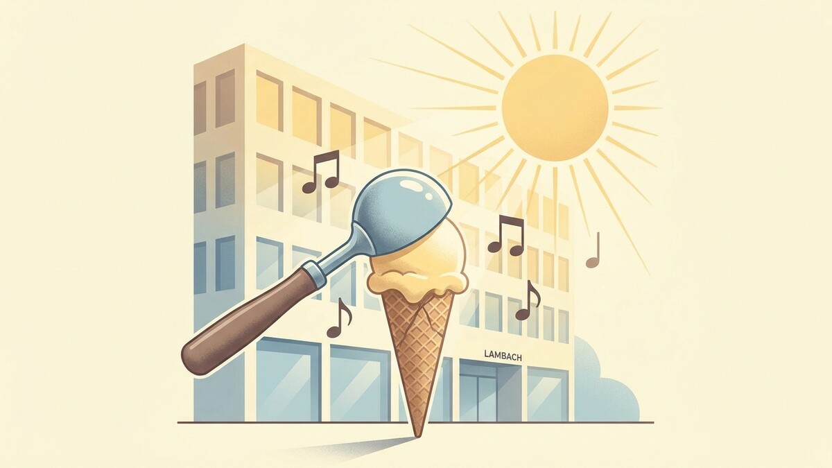 Eiscreme mit Löffel und Noten vor Gebäude in Lambach bei Sonnenschein