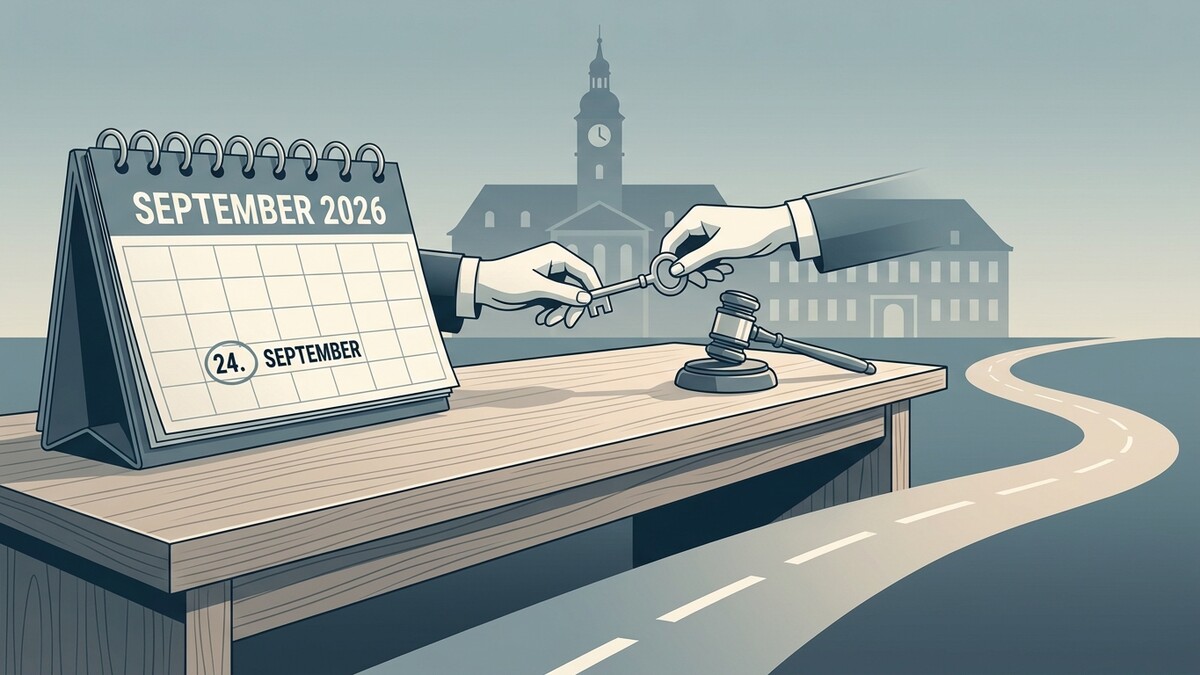 Schlüsselübergabe am 24. September vor einem Gerichtsgebäude mit Kalender