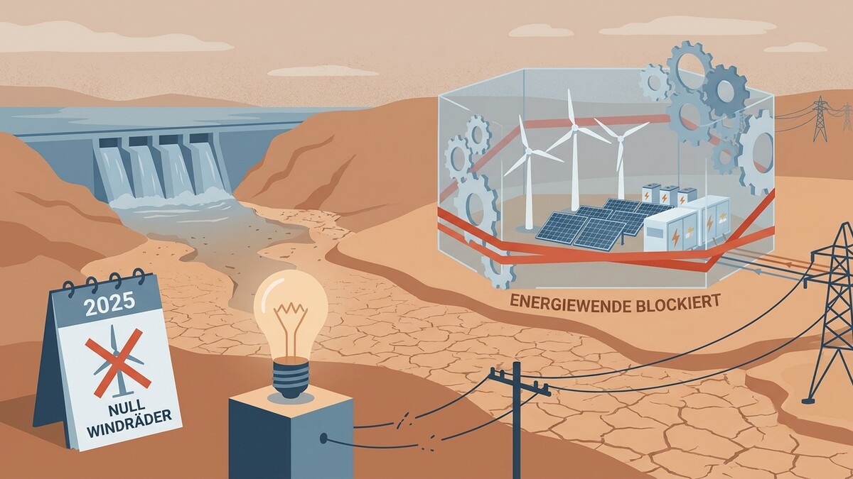 Energiekrise 2025: Kalender mit durchgestrichenem Windrad, Glühbirne, Wasserkraftwerk und blockierter Energiewende.