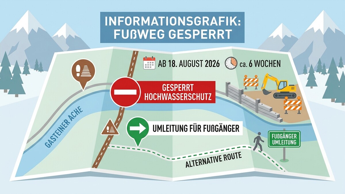Fußweg gesperrt wegen Hochwasserschutz, Umleitung für Fußgänger ab 18. August 2026, Gasteiner Ache