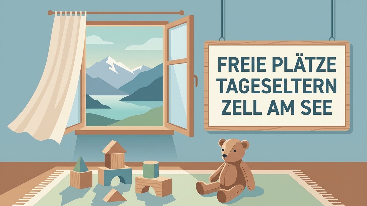 Tageseltern Zell am See: Freie Plätze auf Tafel über Spielzeug und Bergsee-Panorama
