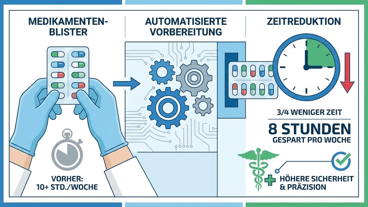 Medikamentenblister werden automatisiert vorbereitet, was Zeit spart und die Präzision erhöht.